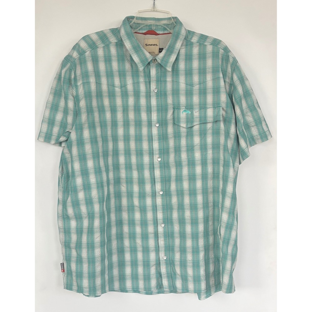 Simms Mens XXL Teal White Plaid Fishing Shirt Snap Front Vent Performance Travel